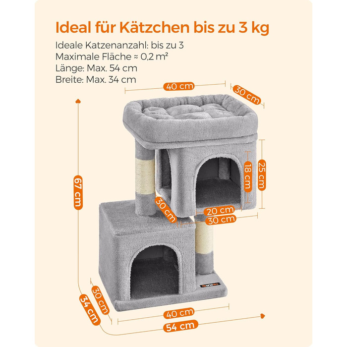Feandrea Cat Tree Small, 67 cm Cat Tree, Kitten House for Kittens up to 3 kg, Large Platform, Sisal Posts, Light Grey PCT611W01