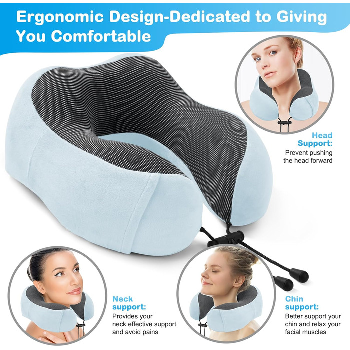 Подушка для шиї в літак, доросла, Memory Foam, регульована, компактна, з навушниками, маскою для сну, коробкою для зберігання (Блакитна)