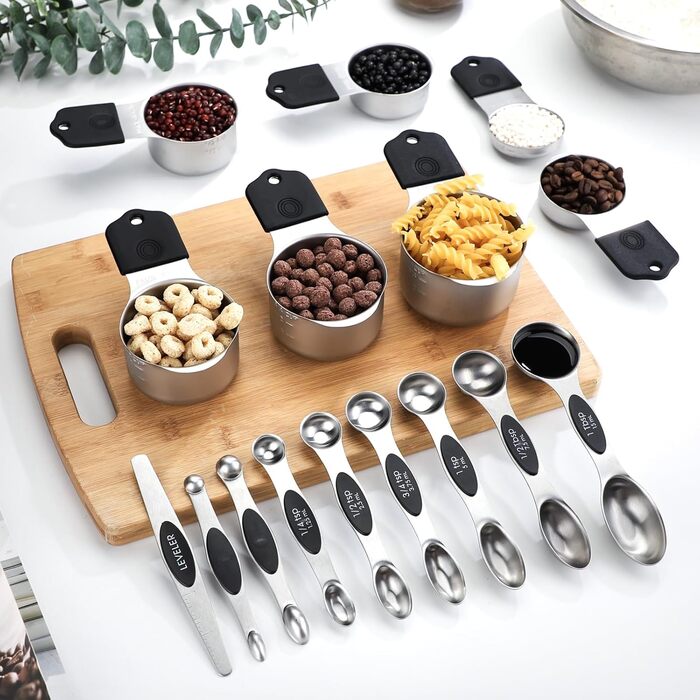 Magnetic Measuring Cups and Spoons Set with 16 Pieces, including 7 stackable magnetic stainless steel measuring cups, 8 magnetic measuring spoons with leveler for dry and liquid ingredients