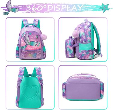 Шкільний рюкзак для дівчинки HTgroce 3 клас. Рюкзак для школи з принтом русалки, колір ліла