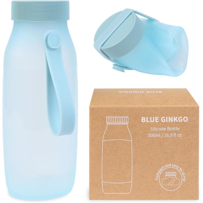 BLUE GINKGO Collapsible Water Bottles [2-Pack] – Lightweight, foldable silicone bottles for travel, hiking, and camping (500ml, Made in Korea, Beige) (492 ml, Blue)