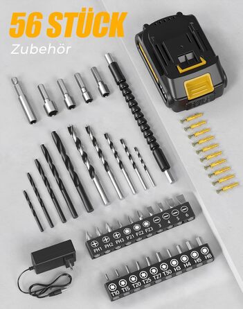 Акумуляторний шурупокрут/дрель 20V, 56 шт. у комплекті, 42Nm, LED-підсвічування, для дому та ремонту