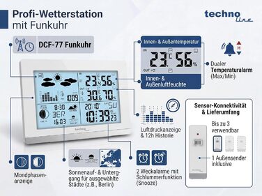 Метеостанція Techno Line WS 6762 з зовнішнім датчиком, DCF годинник, термометр (внутрішній/зовнішній), гігрометр, прогноз погоди, фази місяця, LCD-дисплей, будильник, біла