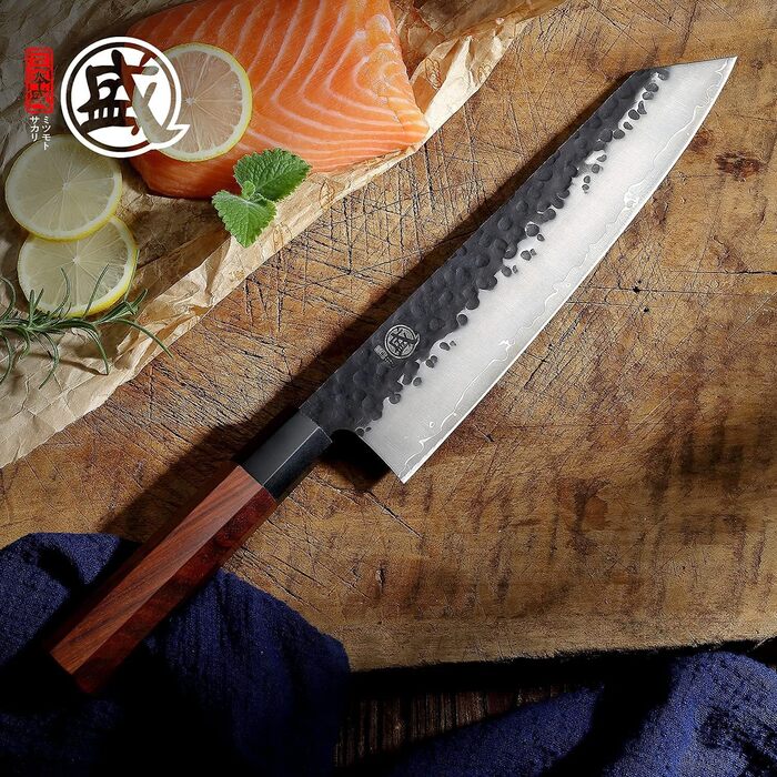 Японський ніж MITSUMOTO SAKARI Santoku 19 см з ручкою з рожевого дерева та Kiritsuke 23 см, ручне кованість, високоякісна сталь