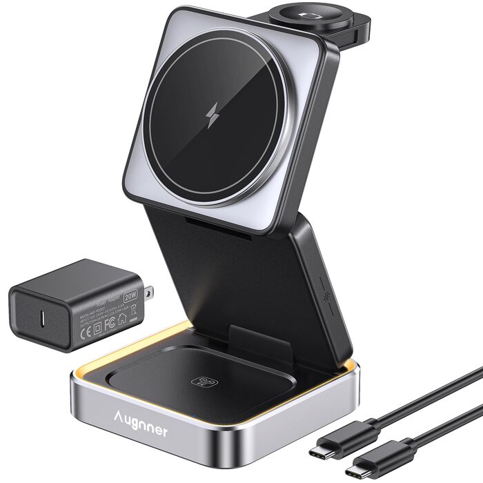 Зарядний пристрій 3-в-1 для Apple Watch та iPhone MagSafe, бездротовий, складний, для AirPods Pro/3/2, білий (сірий)