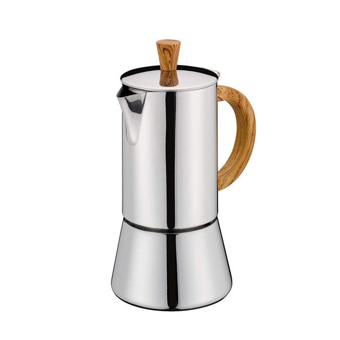 Cilio Espresso Maker FIGARO, Stainless Steel, Suitable for All Cooktops, Ø 8.5 cm, Dishwasher Safe, Moka Pot, Espresso Maker 4 Cups, Camping Coffee Maker