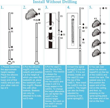 DUFU Кутовий полиця для душу з 4 кошиками, металева, регульована висота 73-265см, без свердління, антиковзаюча, сіра