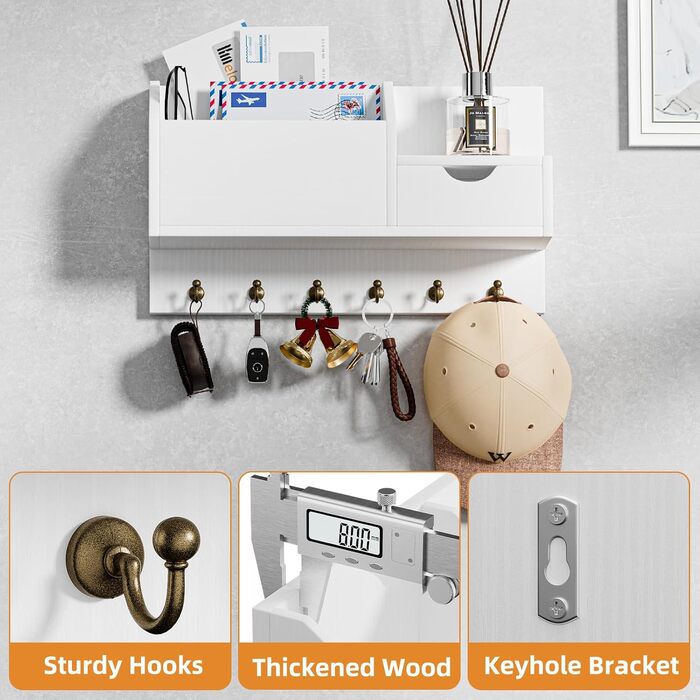 Настінна органайзер для ключів з 6 гачками та шухлядою, дерев'яний, для дому, офісу (білий)