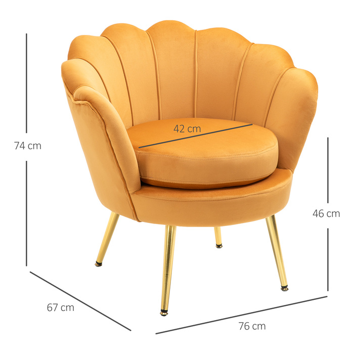 HOMCOM Shell-Shaped Upholstered Armchair Relaxing Chair with Metal Legs, Vanity Chair with Velvet-Look Fabric, for Bedroom Living Room, Yellow | Aosom