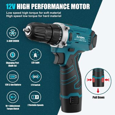 Набір інструментів Sundpey 206 шт. з акумуляторною дрилю, 12V, для ремонту та DIY, блакитний