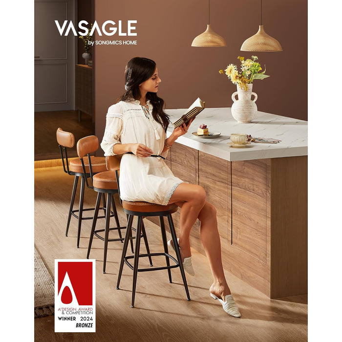 Барні стільці VASAGLE EKHO – набір 2 шт, 360° обертання, з підлокітником, для кухонного острова, стиль Mid-Century Modern, карамельний колір