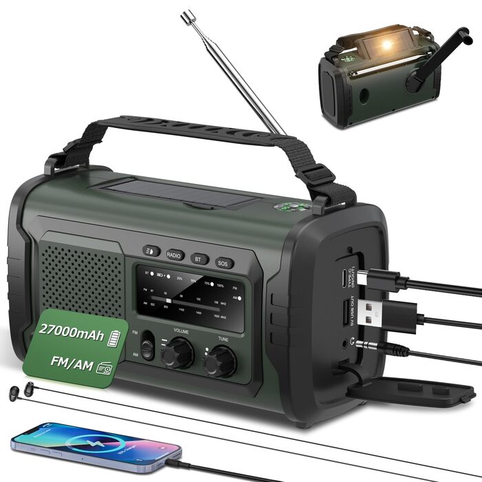 Радіо на сонячній батареї та ручному приводі 27000mAh з Bluetooth, FM/AM, SOS сигналом, динаміком та підключенням для навушників (Зелений)