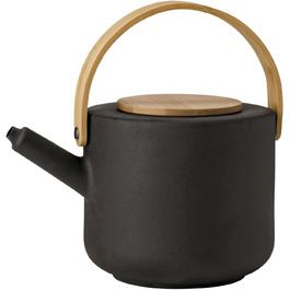Stelton Teapot Theo - Rustic stoneware teapot, lid & handle made of bamboo - Modern Scandinavian design, cast iron finish - Stylish tea accessory - 22x16 cm, 1.25 liters, Black & Brown Teapot Black