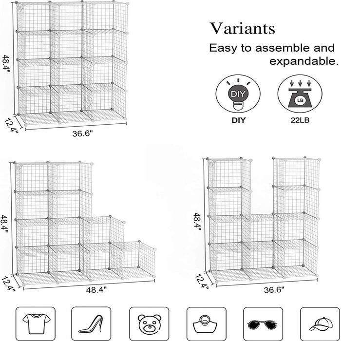 C&AHOME Wire Cube Storage, 6 - Metal Cube Organizer with C-Grids, Modular Shelving Units, Storage Shelf Racks, Closet Organizer, 93.5 in L x 31.8 in W x 93.5 in H, (12-Cube, White)