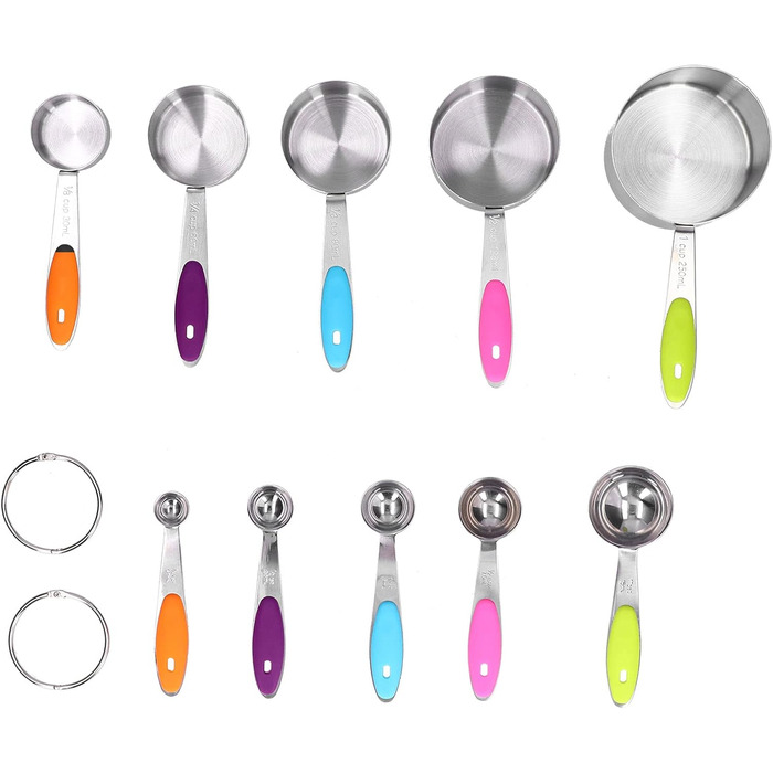 10-Piece Measuring Cup and Spoon Set, Stainless Steel Measuring Spoon Set with Silicone Handle and Scale, Measuring Cup Spoon Set in Various Sizes, for Home (16.5oz-Color)