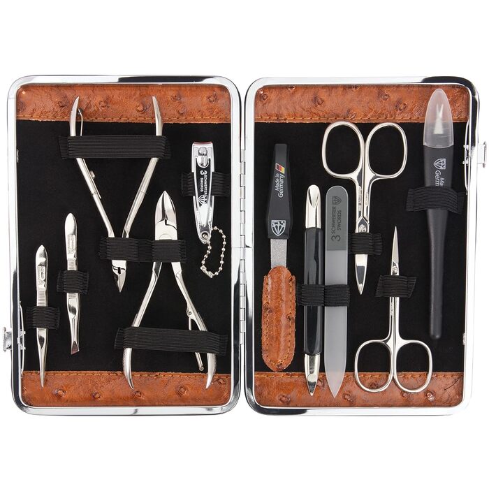 Набір для манікюру DREI SCHWERTER 'Fano' - 11 предметів (ніж для нігтів, щипчики, ножиці) у стабільному етою - колір коньяк/штучний шовк