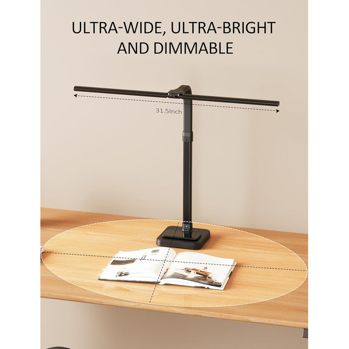 Tantu Adjustable LED Desk Lamp with Dual Heads - 24W, 80cm, 5 Color & 5 Brightness Levels, Gooseneck & Base - Black Office Lamp