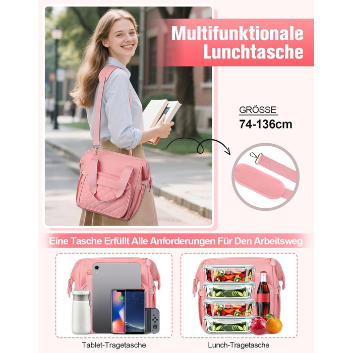 Сумка-холодильник 20 л, рожева: ізольована сумка-ланчбокс з PEVA-підкладкою, кілька відділень та плечовим ременем для роботи, школи, авто, пікніка