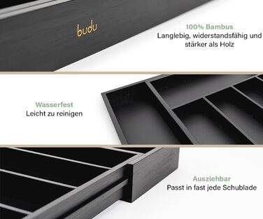 Органайзер для кухонних шухляд Besteckkasten #47 (глибина 47 см) з бамбука - чорний, висувний, для порядку в кухні
