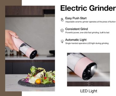 Електричні соляні та перечні млини 2 шт. з USB-зарядкою, 6-ступеневий жорно, перечна млина з LED-підсвічуванням та антиковзним захистом від пилу, перезаряджувані кухонні помічники (Morning Haze+petal Pink)