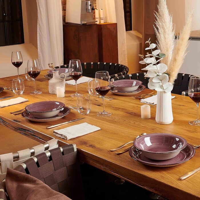 MÄSER Bel Tempo II Набір посуду для сніданку на 6 осіб, вінтажний стиль, ручне розмальовування, 18 предметів, кераміка, сірий (фіолетовий)