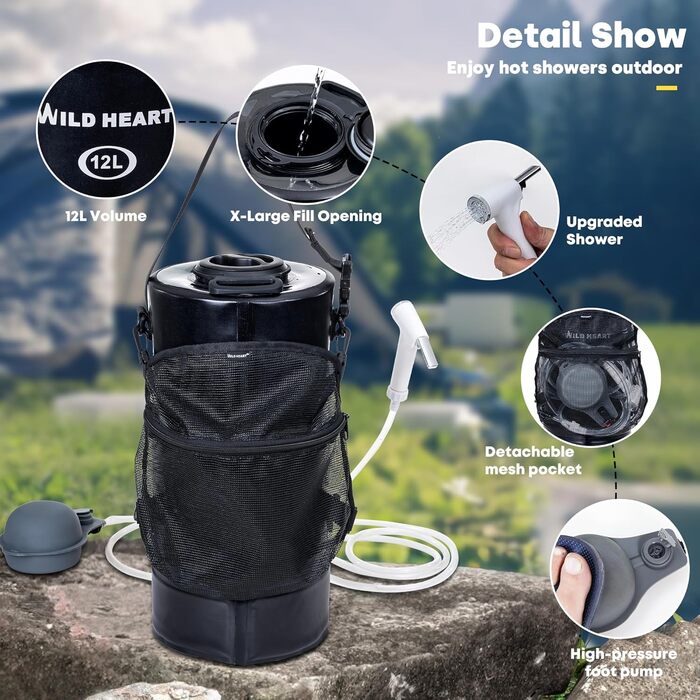 WILD HEAT Camping Shower 12L Portable Shower for Camping with Foot Pump and Shower Bag Backpack for Camping (12L, Black)