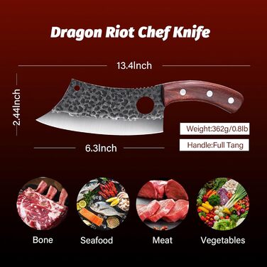 Японський кухонний ніж-тесак DRAGON RIOT для м'яса та кісток, професійний вікінгський м'ясницький ніж із дерев'яною ручкою, гострий тесак для кухні, гриля та аутдор, суцільнометалевий