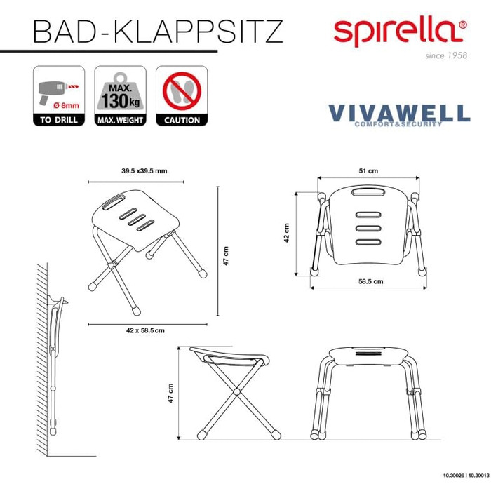 Стілець для душу складаний Spirella Vivawell з нековзними ніжками, нержавіюча сталь
