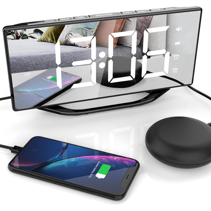 Loud alarm clock with bed shaker for heavy sleepers, digital dual alarm clock with vibration, 8.7'' LED mirror alarm clock for children, teenagers, 7 volume levels and dimmer, battery backup, snooze, 12/24H-DST