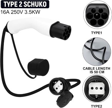 Адаптер зарядного пристрою для електромобіля, тип 2, кабель Schuko 3.5kW 16A, 0.5м, 250V, водо- та пилонепроникний