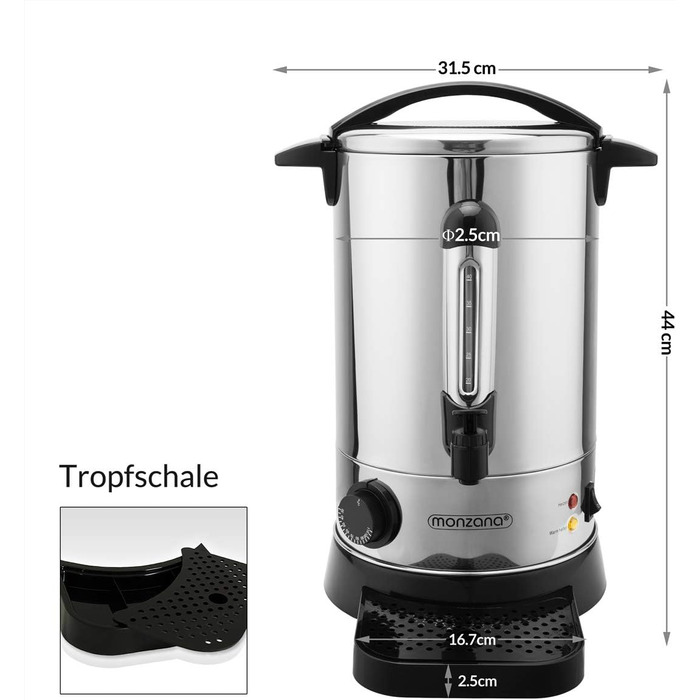 MONZANA® Glühwein Warmer 6.8L with Tap, Drip Tray, Thermostat (30-110°C), Hot Beverage Dispenser, Stainless Steel, Canning Pot, Punch Warmer, Hot Beverage Machine (8.8 L)