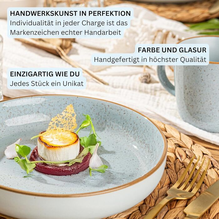 Набір посуду SÄNGER Rio Lagune 24 частини: 6 тарілок, 6 сніданок, 6 глибоких тарілок, 6 мисок для пасти, посуд для 6 осіб, блакитний, Steingut (фарфор)