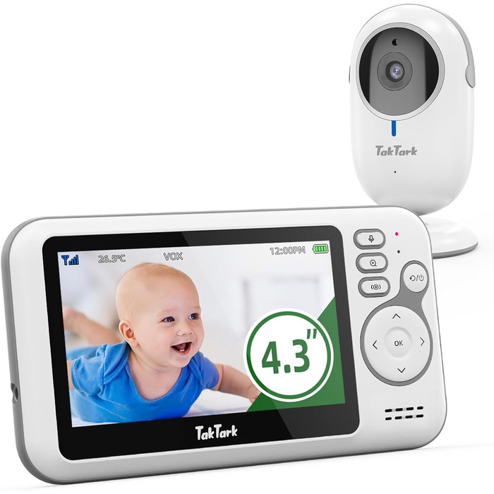 Відеоняня TakTark з камерою, 4.3 дюйма, монітор для дитини, аудіо та відео зв'язок, функція VOX, нічне бачення, цифровий зум, контроль температури, без шкідливого світла