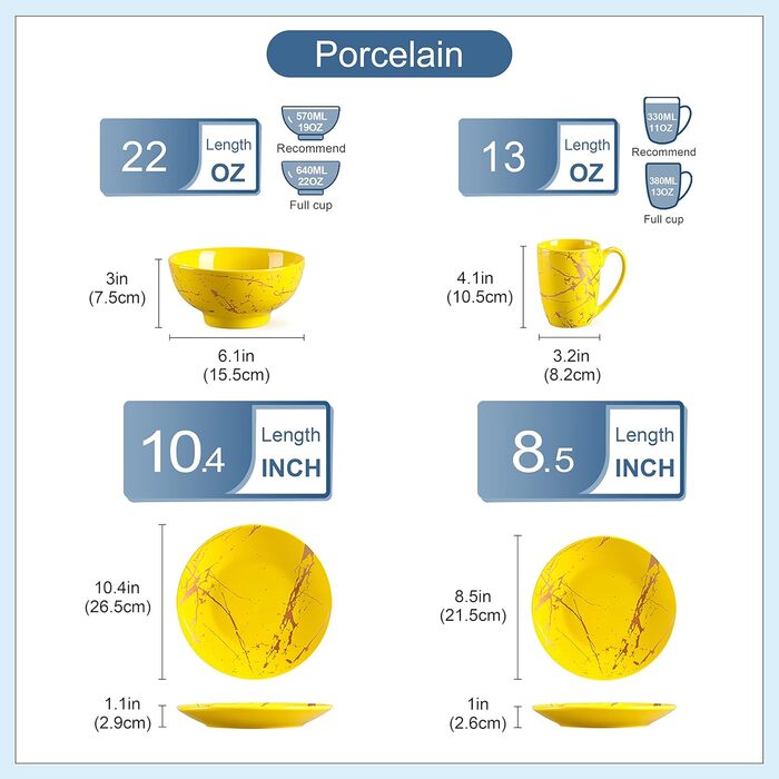 LOVECASA Набір посуду Sweet 16: 16-ти частинний сервіз з золотим декором, жовтий, для 4-12 осіб