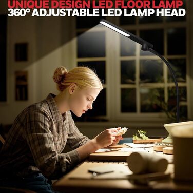 LED торшер Honeywell F4 Sunturalux™ з регулюванням яскравості, гнучкий гніздовий кріплення, сучасний дизайн для комфортного читання у вітальні, спальні, офісі (чорний)