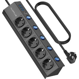Многофункціональна мережева планка з USB-C (PD 20W) та USB, 5 розеток, захист від перенапруги, 2м кабель, чорний