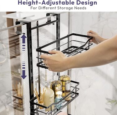 SWTYMIKI Adjustable Hanging Shower Shelf - No Drilling Shower Shelf for Glass Door, Stainless Steel Shower Shelf with Hooks and Soap Holder, Shampoo Holder for Shower, Black