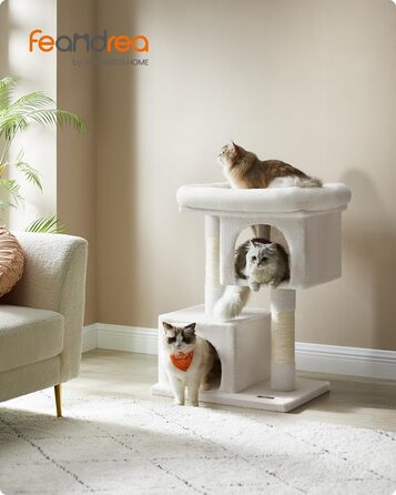 Feandrea Cat Tree, 84 cm Cat Tree, L, Cat House for Large Cats up to 7 kg, Large Platform, 2 Cat Caves, Sisal Posts, PCT61W (L (60 x 40 x 84 cm), Cream White)