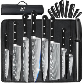 Набір кухонних ножів Dfito, 8 предметів: професійний набір з нержавіючої сталі з високовуглецевої сталі, гострі ножі для кухаря, чорна ручка