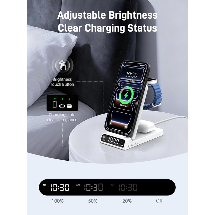 MagSafe Зарядна станція 3-в-1 для Apple Watch та iPhone 15/16/17 Pro Max, бездротовий зарядний пристрій для AirPods (25W адаптер, білий)