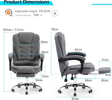 Офісний крісло YODOLLA, 200 кг, ергономічний, з регульованою спинкою, з підніжкою, сірий