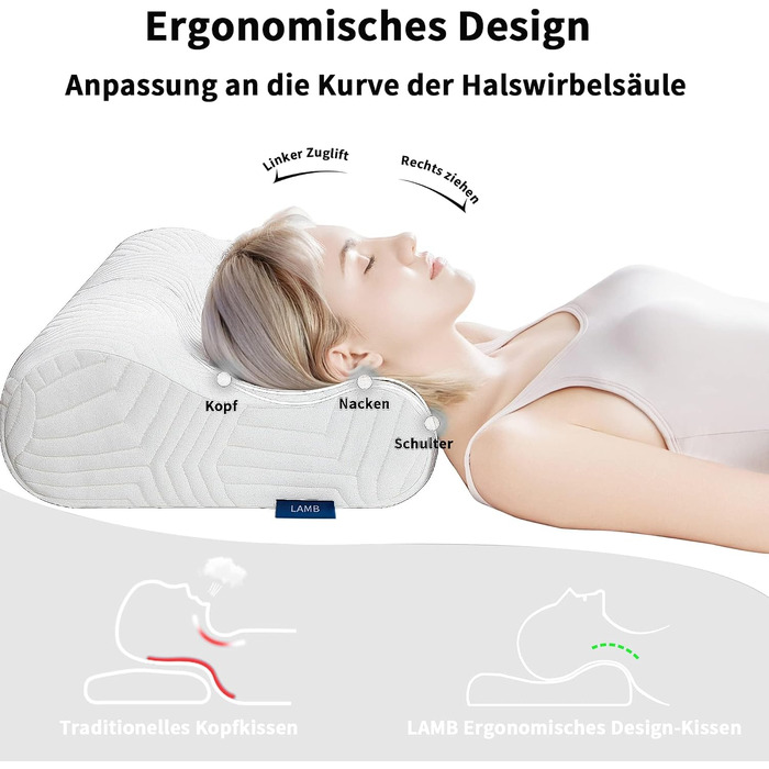 Ергономічна подушка для шиї та голови LAMB з ефектом пам'яті (Memory Foam), регульована висота, для сну на боці, з мийним чохлом, 50x36x10/8 см, біла