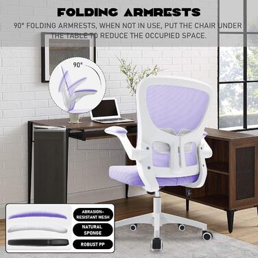 Ергономічне крісло для офісу з підйомними підлокітниками, регульованою підтримкою попереку, регульованою висотою поворотного сидіння та спинкою з сіткою, що нахиляється до 130°, (фіолетовий)