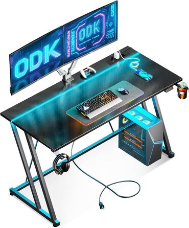 Ігровий стіл ODK з LED-підсвіткою та розеткою, комп'ютерний стіл 120 см, карбонове волокно, чорний, з підстаканником і гачком для навушників, подвійна Z-рама