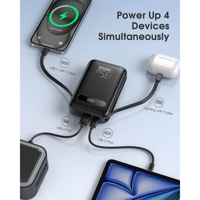 Powerbank 20000mAh з PD 35W, USB-C кабель, LED дисплеєм та 8 Pin кабелем. Чорний акумулятор для iPhone, iPad, Samsung Galaxy, Huawei та інших пристроїв