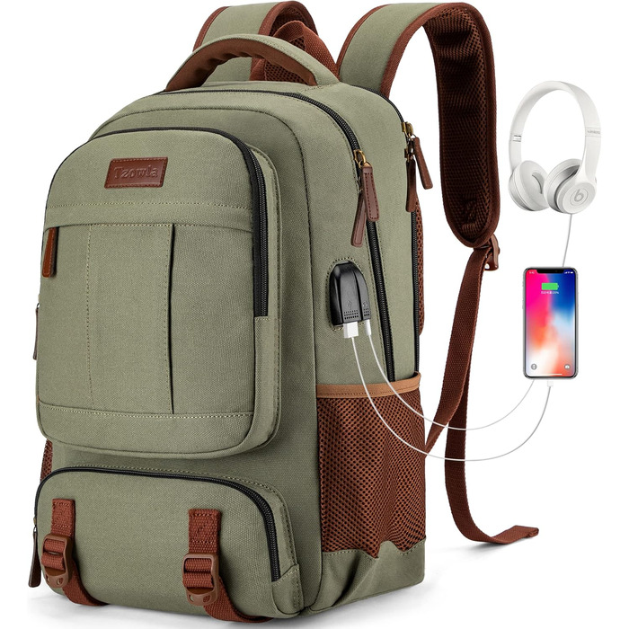 Tzowla Canvas Laptop Rucksack, Sailing Fabric Travel Backpack, Work Travel Bag for Men and Women, Backpack for 15.6-inch Laptop, Book Bag with USB Charging Port (17.3 inch, Green)