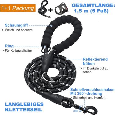 Нашийник для собак Haapaw без натягу, регульований, світловідбиваючий, Оксфорд, зручне керування, середній розмір, міцний поводок у подарунок, чорний (1 шт.)