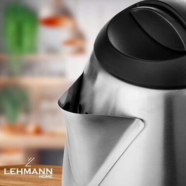 Електричний чайник LEHMANN з нержавіючої сталі, 2200 Вт, 1.8 л, швидке нагрівання, 360° підставка, автовимкнення, захист від перегріву, BPA-Free, для дитячого харчування, чаю та кави, сріблястий