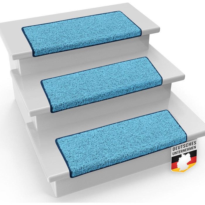 Casa Pura Shaggy Barcelona Stair Treads - 15 Piece Set | Non-Slip, Soft Plush Carpet for Stairs | 65 x 23.5 in | Blue