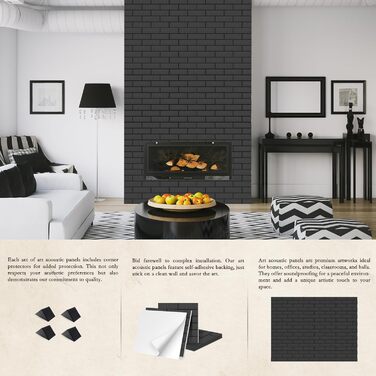 Акустичні панелі JBER самоклеючі для звукоізоляції, шумопоглинаючі панелі «цеглина» для студії, офісу та дому, 30 x 30 x 1 см, чорні, 12 шт.